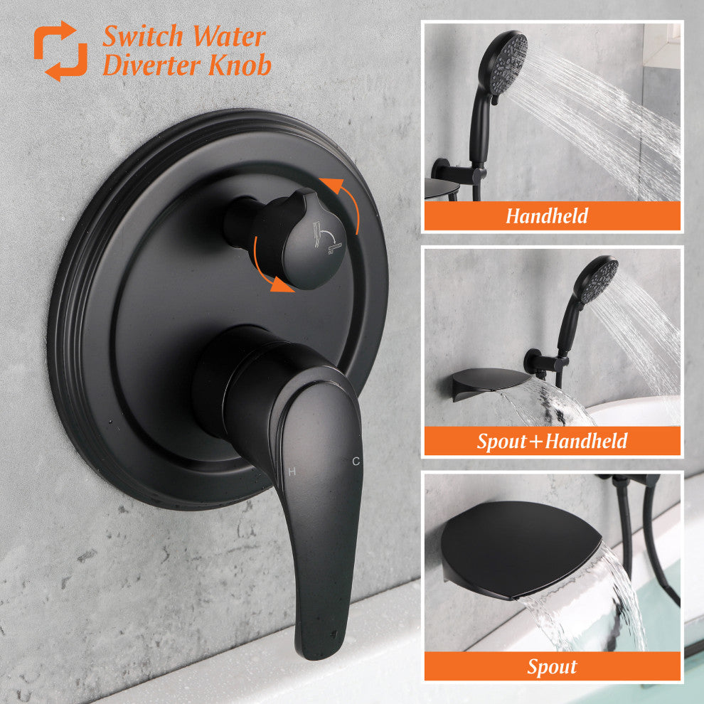 Wellfor Wall Mount Shower Faucet Set, Handheld Shower and Waterfall Spout, Matte Black