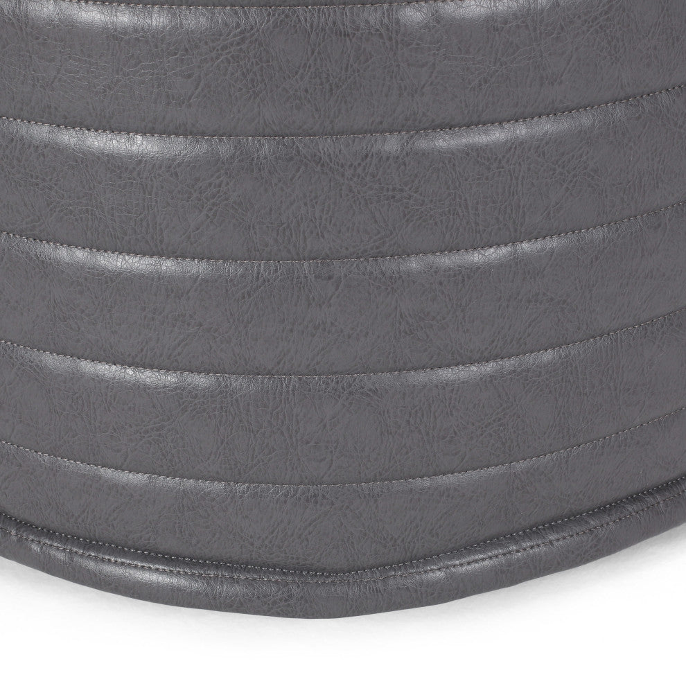 Conrail Contemporary Faux Leather Channel Stitch Pouf, Gray, Cylinder