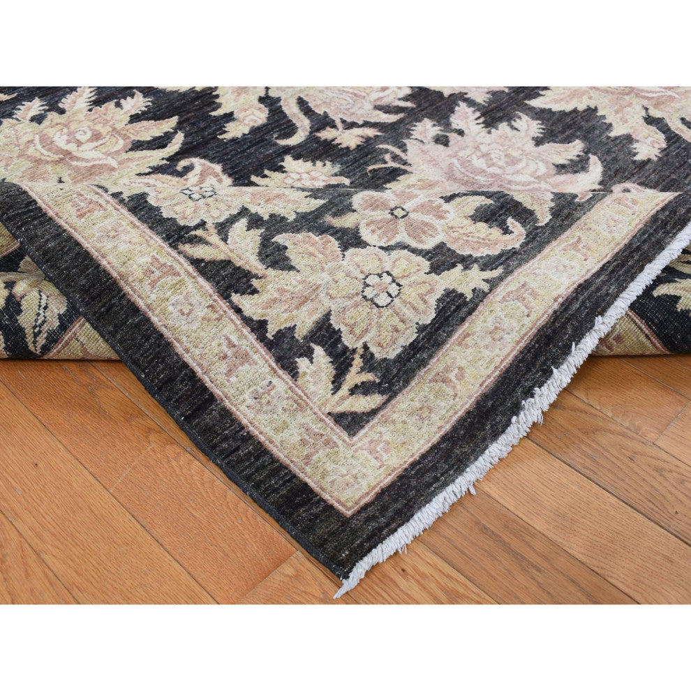 Black Dense Weave Fine Peshawar Hand Knotted Wool Oriental Rug 9'1" x 12'4"