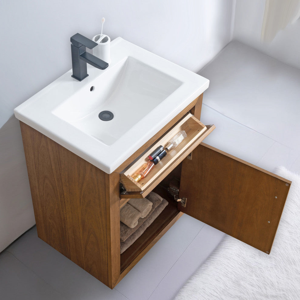 Vanity Art Bathroom Vanity With Sink, Tan, 24" Single, White Ceramic Top