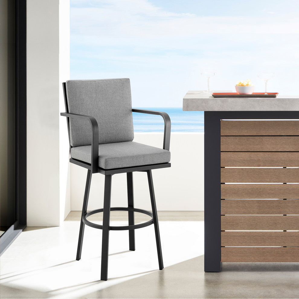 Don 30" Outdoor Patio Bar Stool, Black Aluminum With Gray Cushions, Black