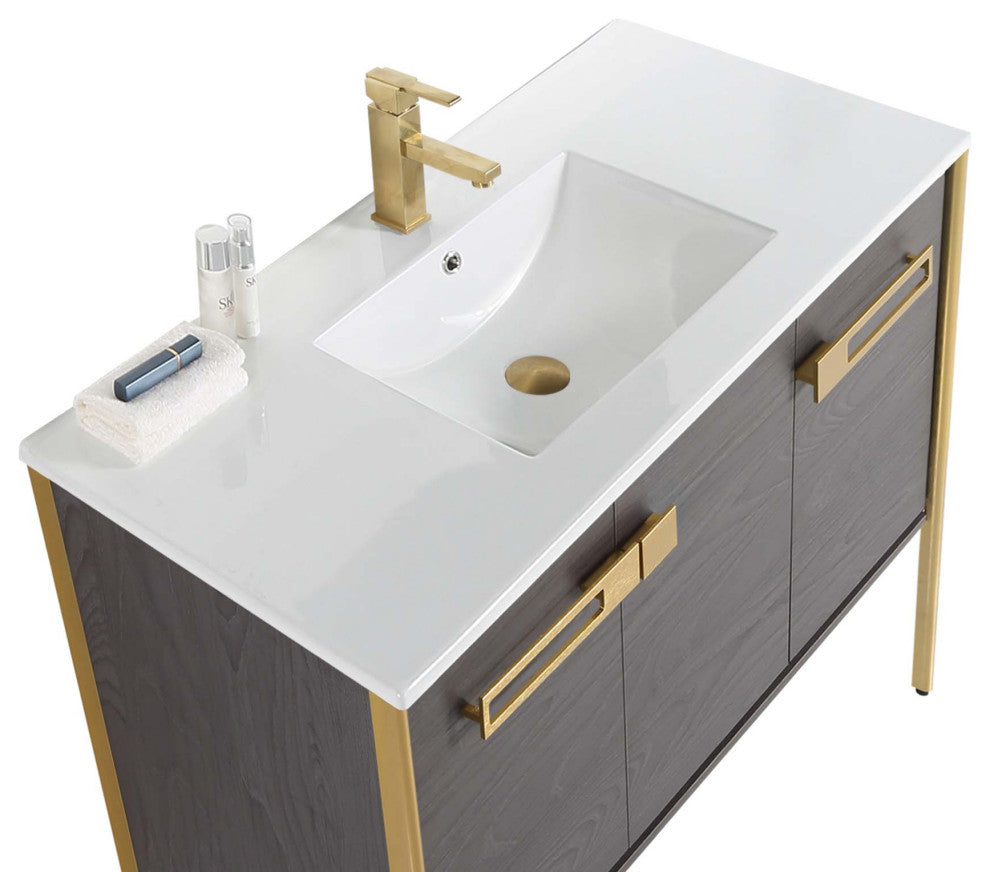 Oakville Bath Vanity, Ceramic Sink, Black Coal Oak, 42 Inch, Satin Brass Hardwar