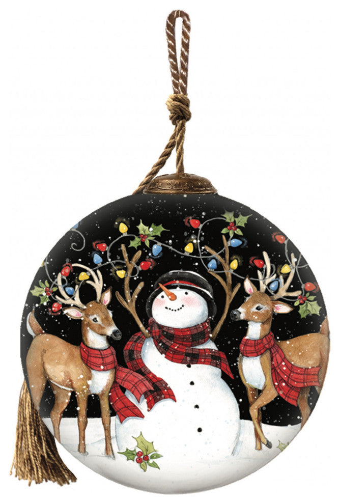 Snowman and Reindeer in Holiday Lights Hand Painted Mouth Blown Glass Ornament