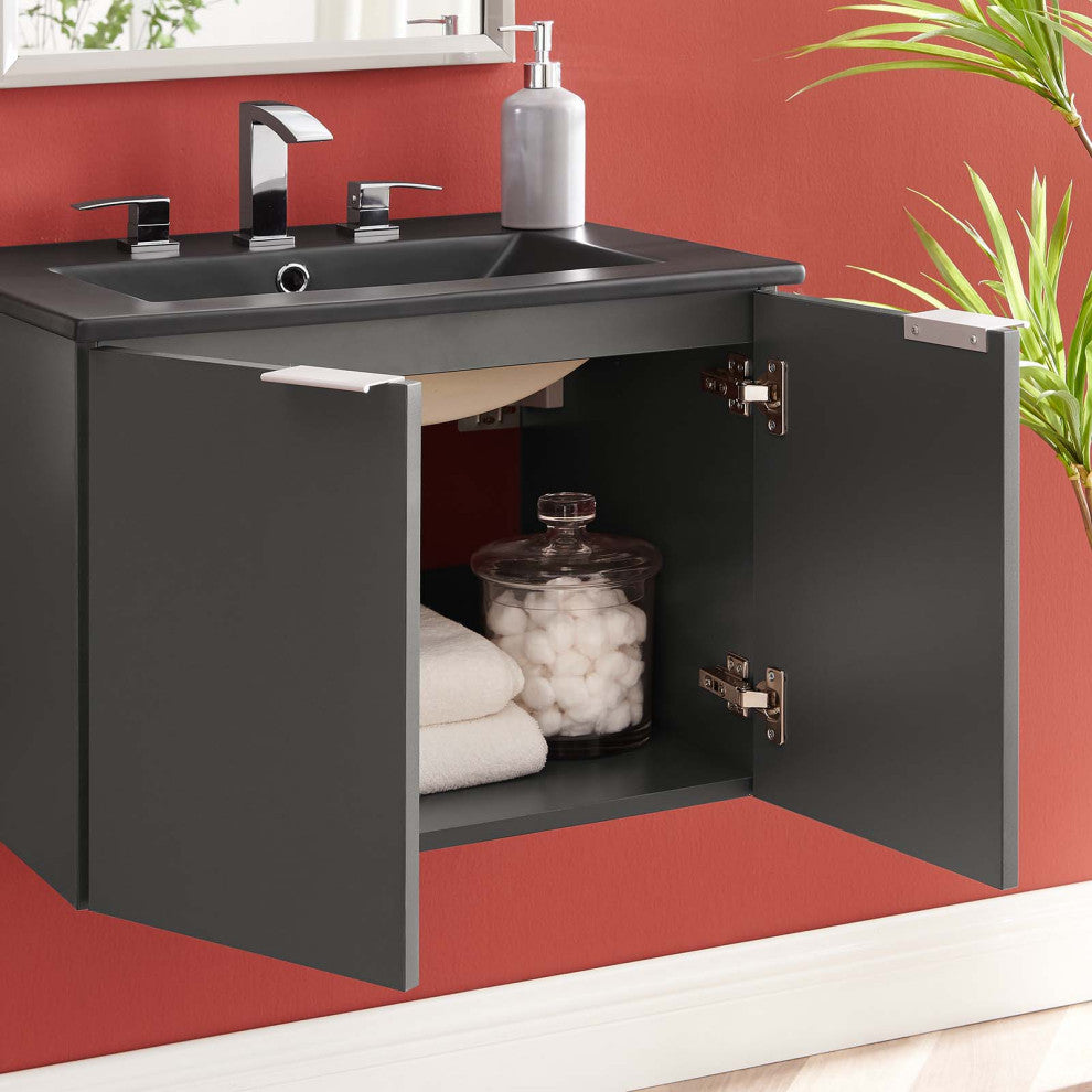 Sink Vanity Cabinet, Wall Mounted, Melamine, Gray Black, Modern, Bathroom