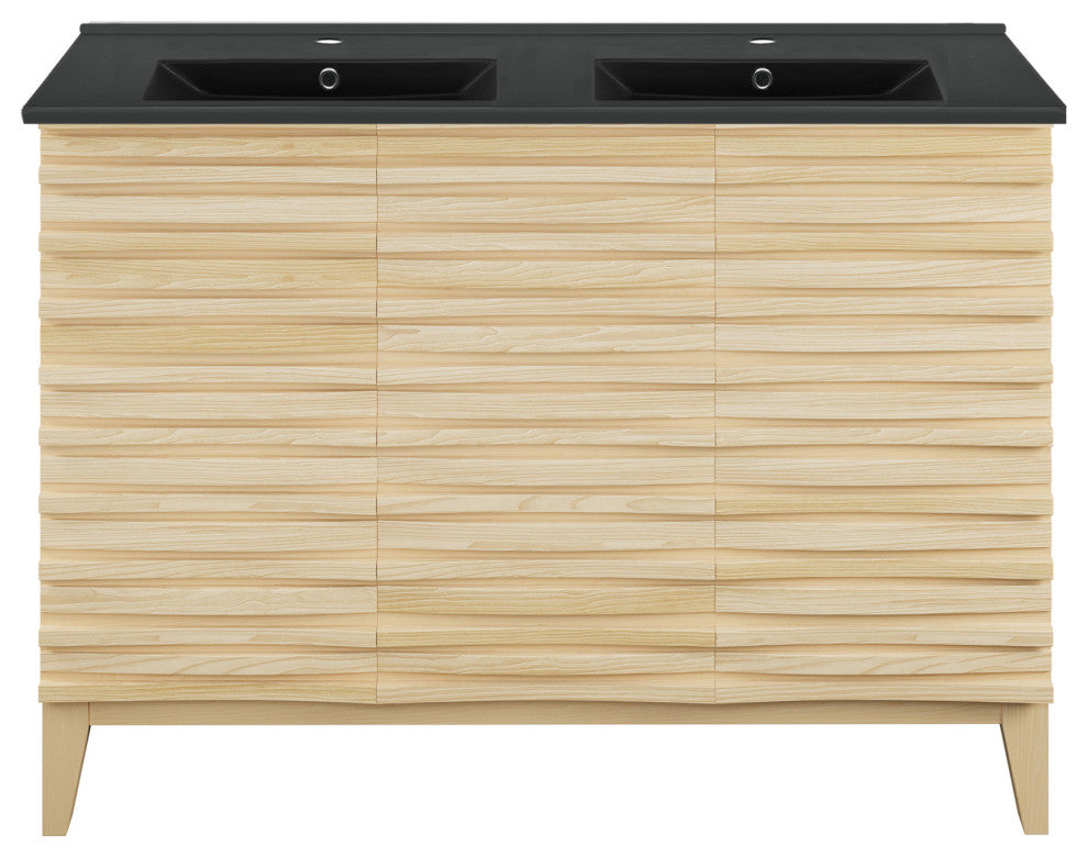 Cascade 48" Natural Oak, Double Basin Bathroom Vanity With Black Sink Top
