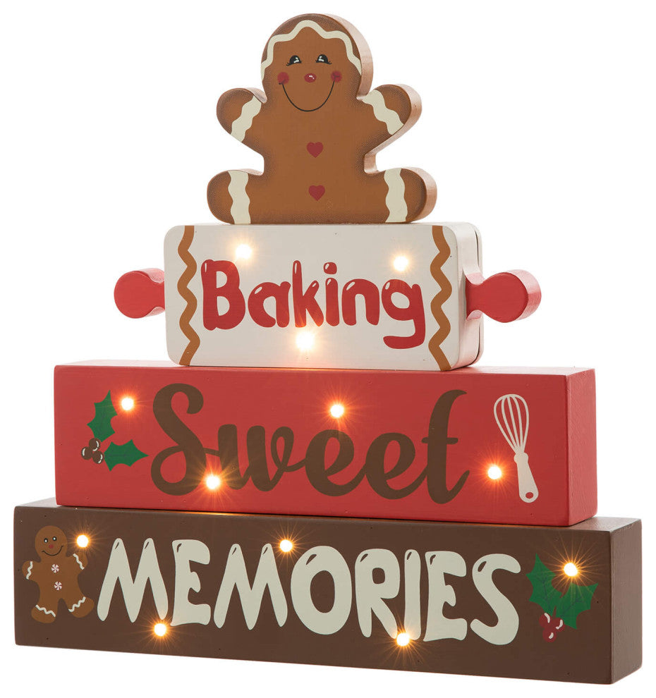 12"H Lighted Wooden Christmas Block Table Decor, Gingerbread Man