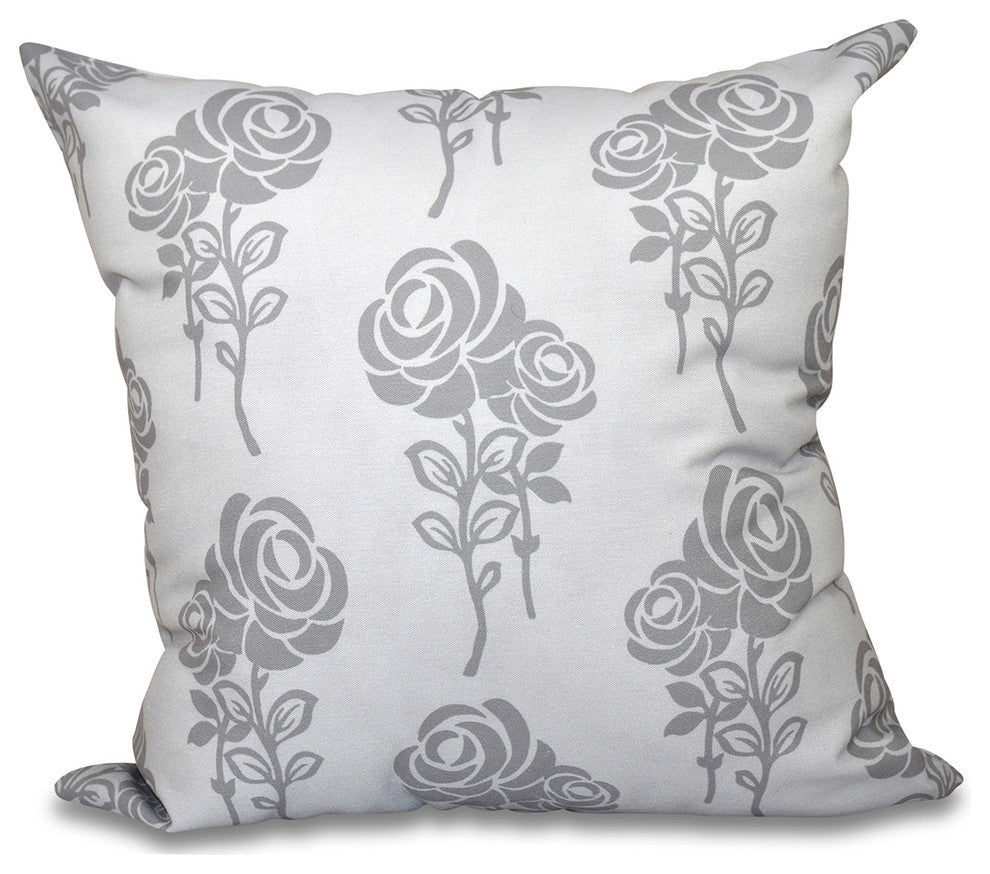 Carmen, Floral Print Pillow, Gray, 26"x26"