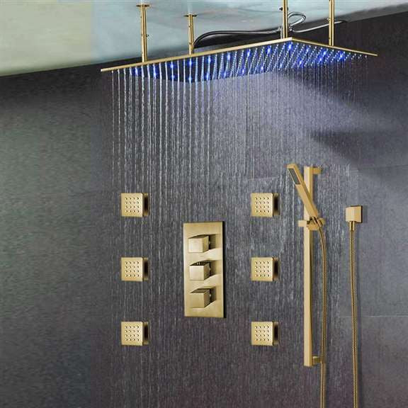 Fontana Saint Denis Large Brushed Gold LED Rain Shower Head, Body Jets