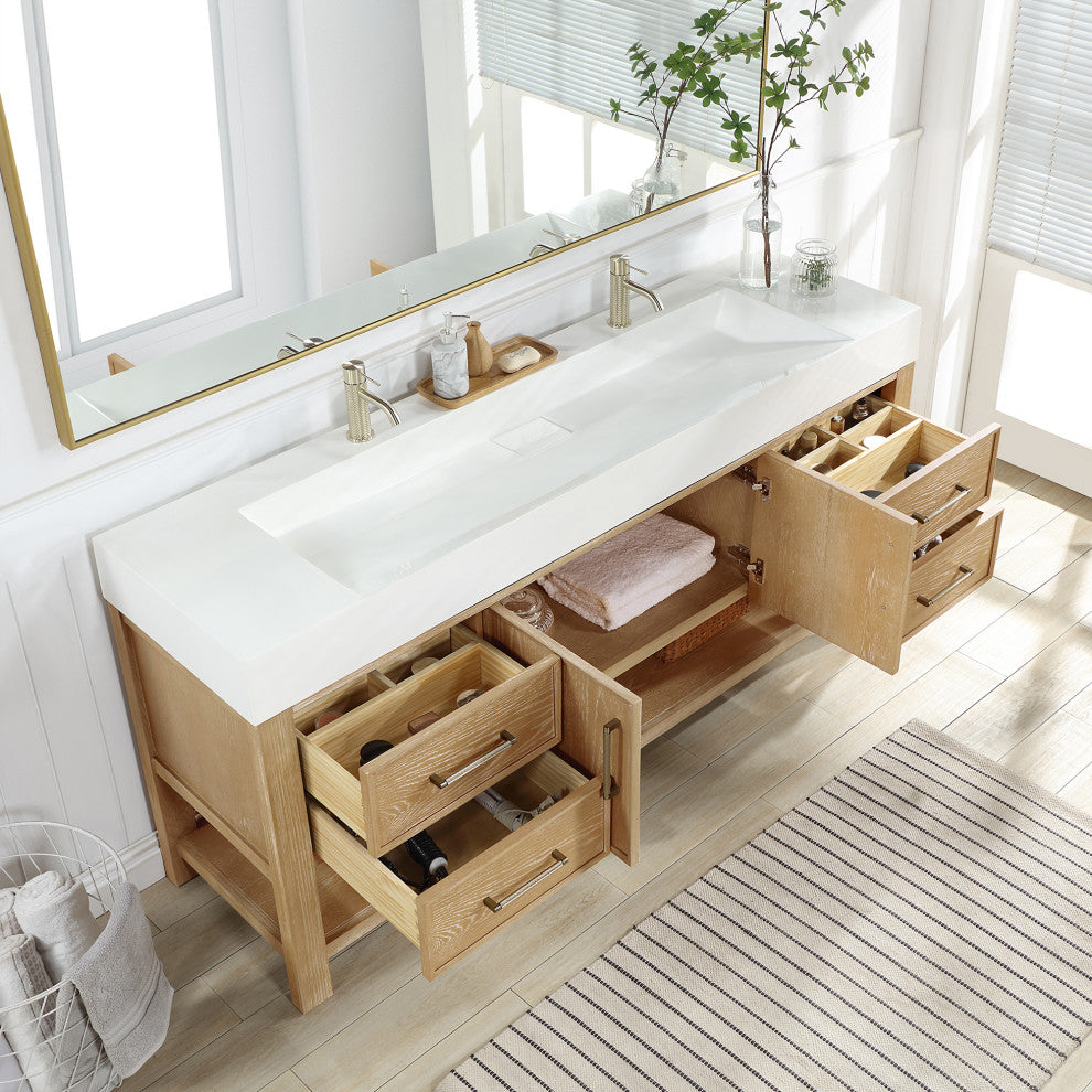 Vera Bath Vanity with Stone Top, Washed Ash Grey, 72", Single Vanity, No Mirror