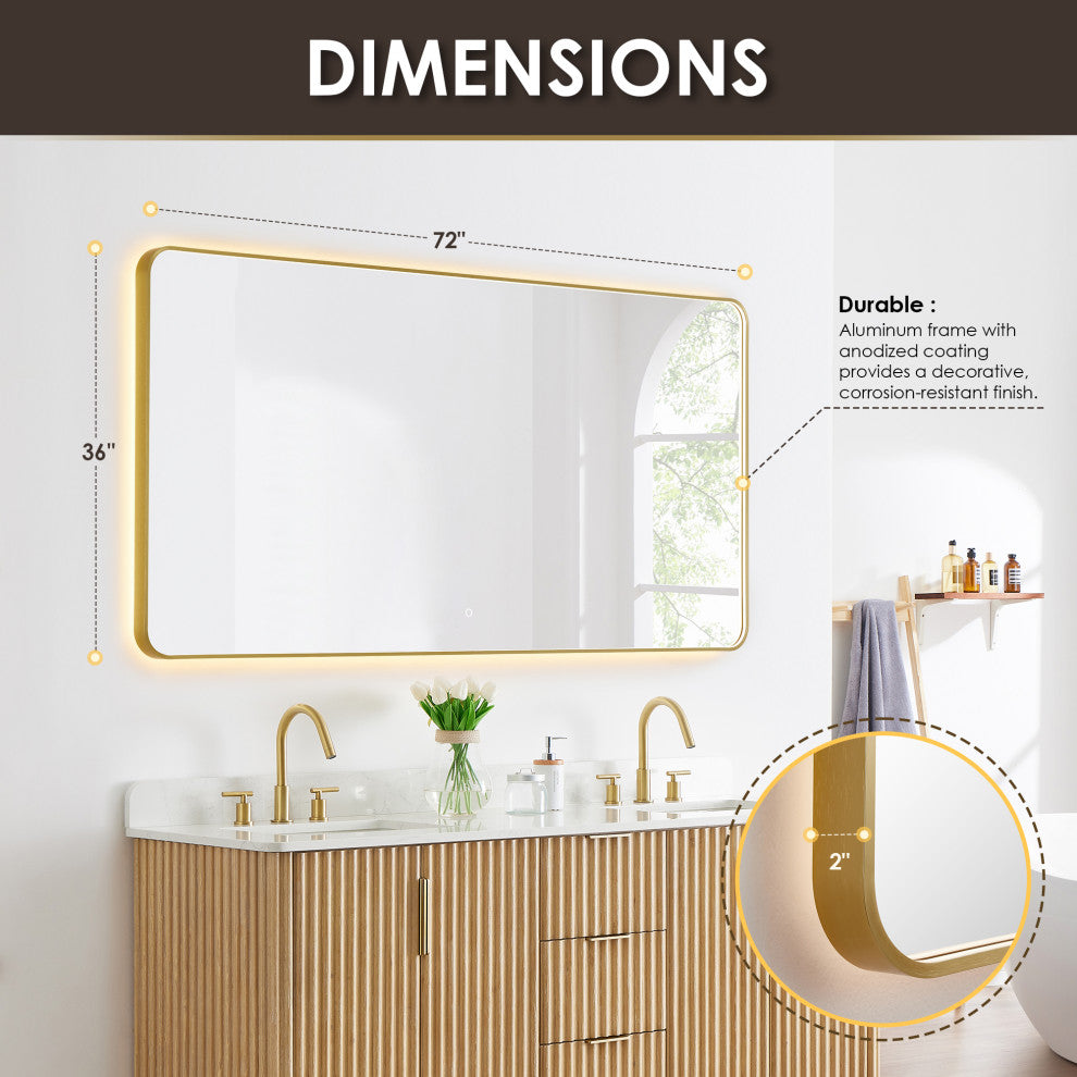 Dazzle Rectangular Bathroom/Vanity LED Lighted Wall Mirror, Brushed Gold, 72"