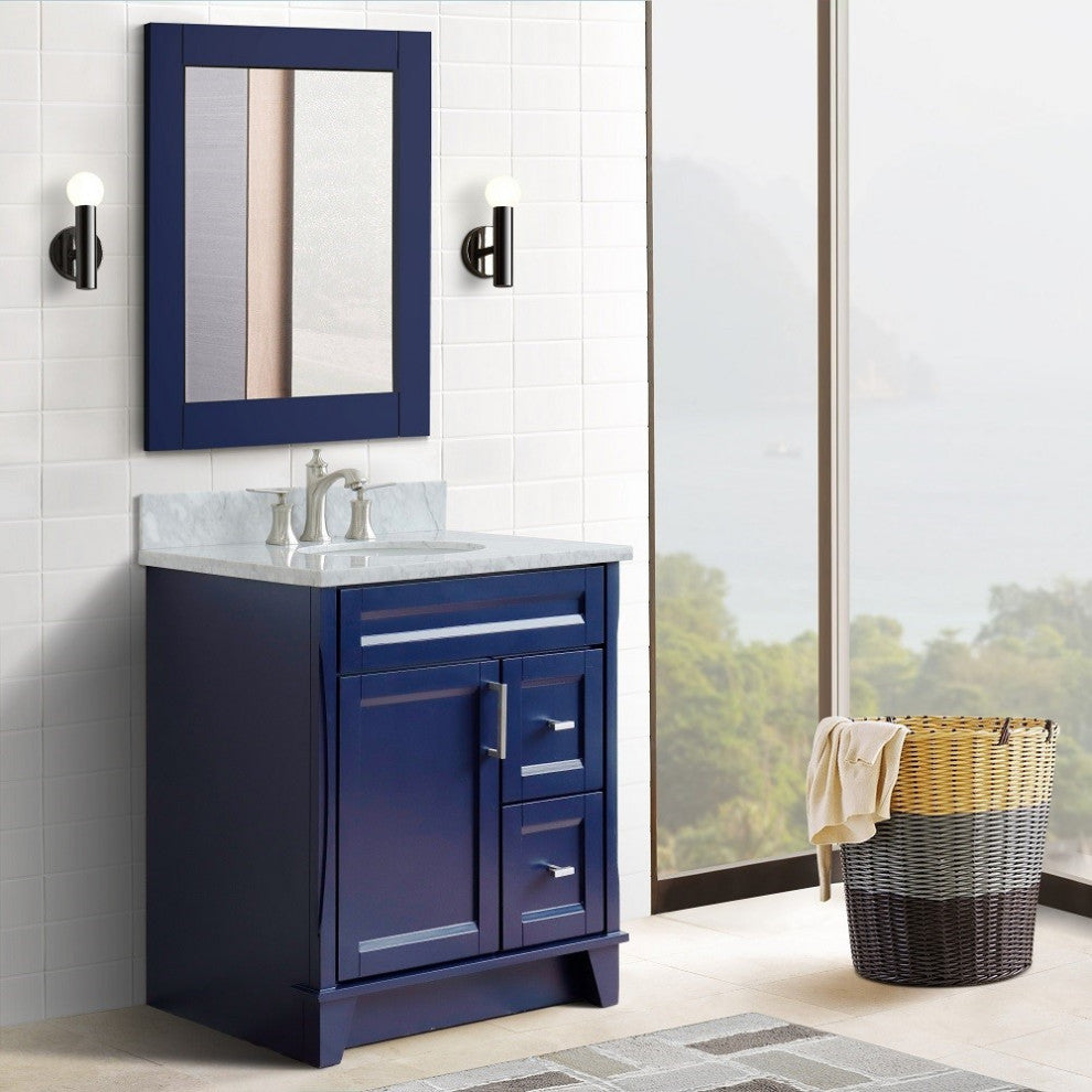31" Single Sink Vanity, Blue Finish With White Carrara Marble With Oval Sink
