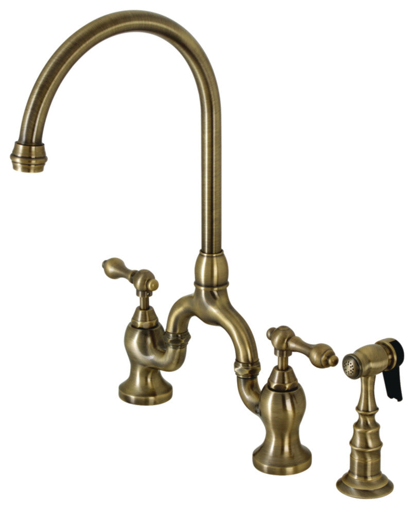 KS7793ALBS Country Bridge Kitchen Faucet With Brass Sprayer, Antique Brass