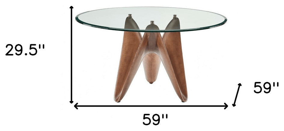 59" Clear And Walnut Rounded Glass And Solid Manufactured Wood Dining Table