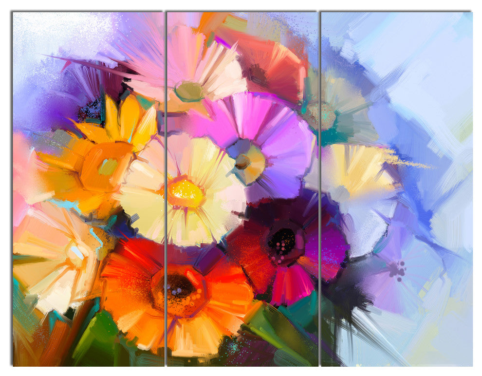 Colored Gerbera Flowers Bouquet, Floral Canvas Art Print, 36x28, 3 Panels
