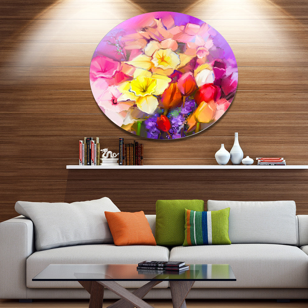 Bouquet Of Daffodil And Tulip Flowers, Floral Disc Metal Wall Art, 23"