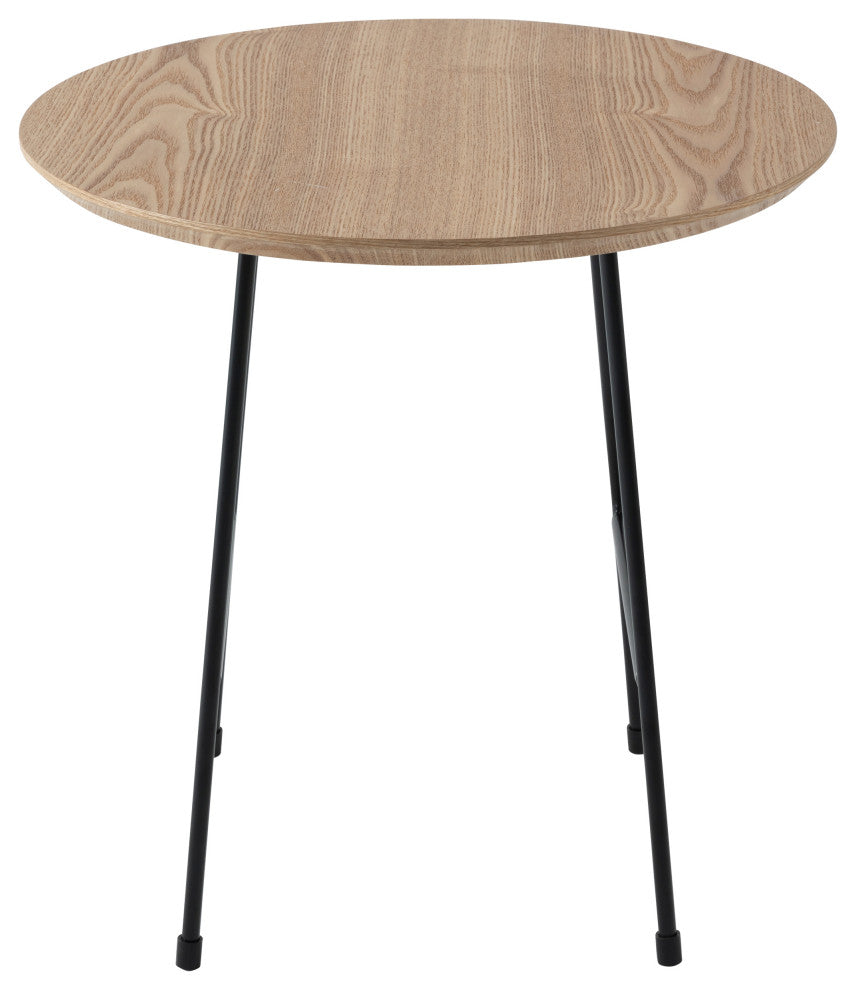 LeisureMod Rossmore Modern Round Side Table With Black Steel Frame, Natural Wood