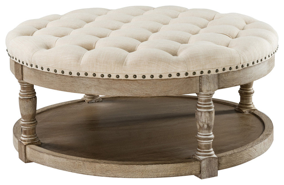 36" Wide Tufted Round Cocktail Ottoman With Storage, Linen