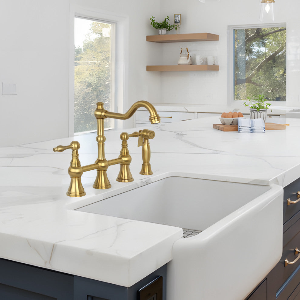 Two-Handles Copper Bridge Kitchen Faucet with Side Sprayer, Brushed Gold
