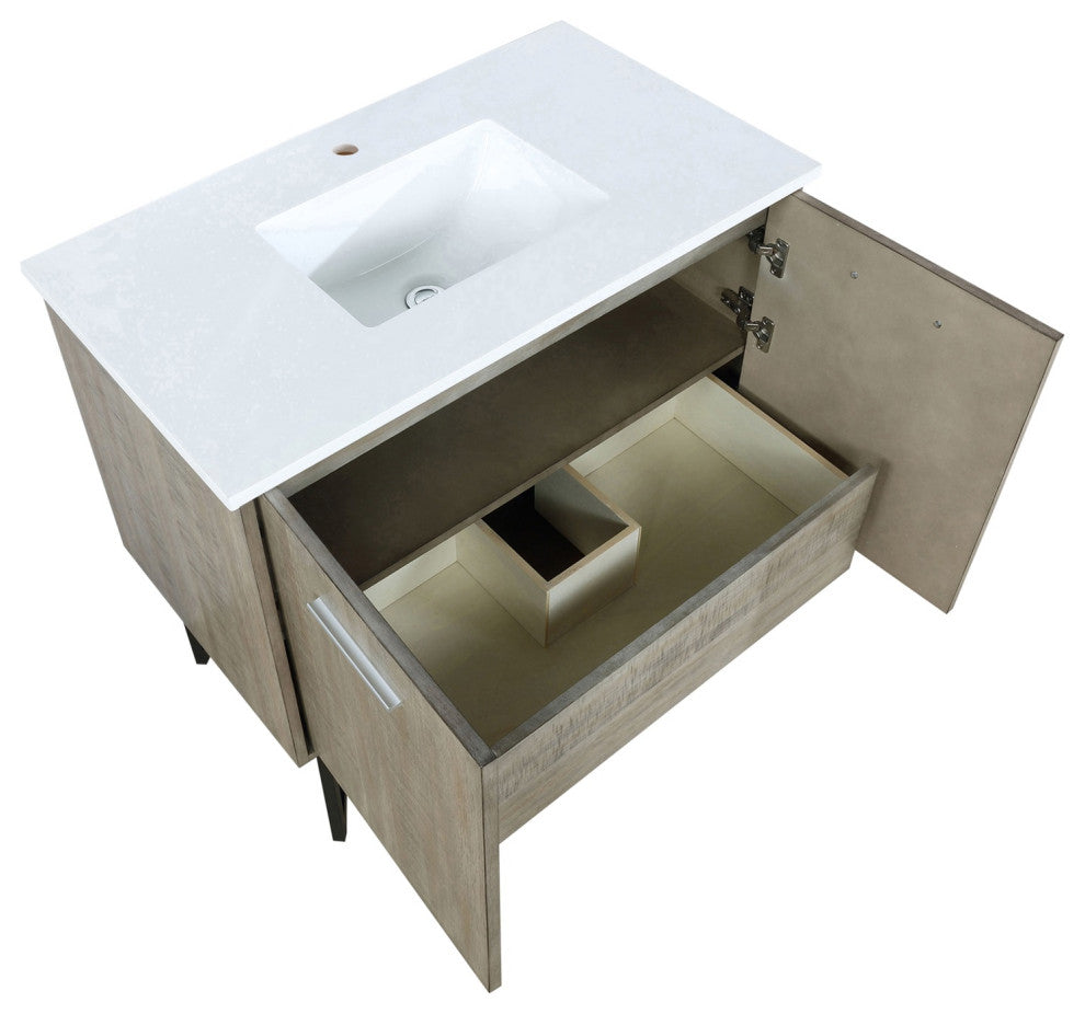 Lancy 36" Rustic Acacia Bathroom Vanity, White Quartz Top, And White Square Sink