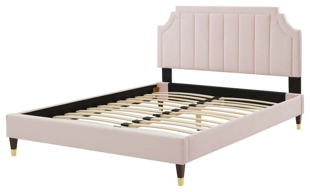 Platform Bed Frame, King Size, Velvet, Pink, Modern Contemporary, Bedroom Master
