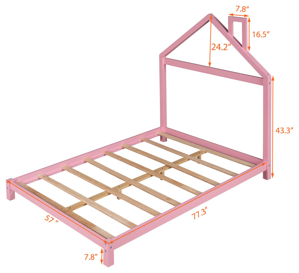 Gewnee Full Wood Platform Bed with House-shaped Headboard in Pink