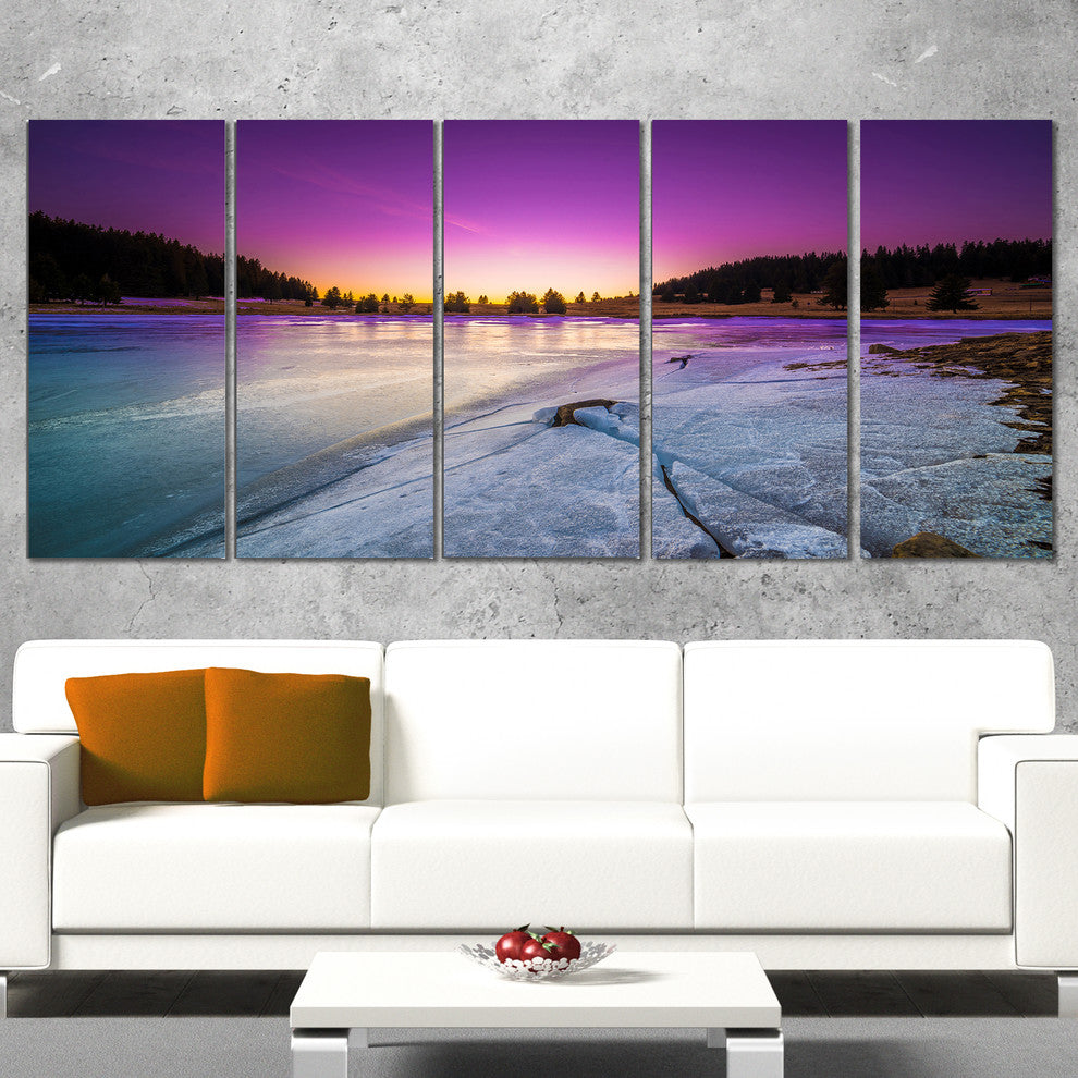 Sunrise over Frozen Lake, Landscape Canvas Art Print, 60"x28", 5 Panels