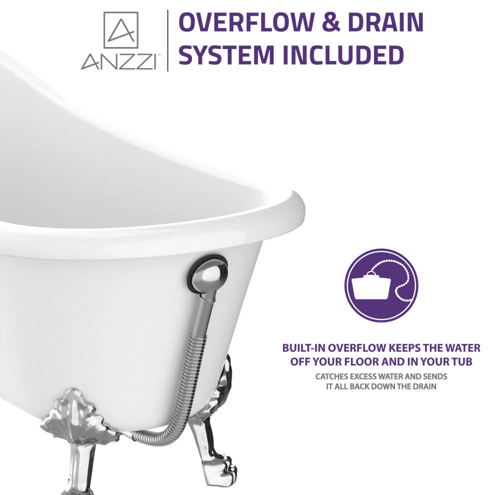 ANZZI Diamante 67.32" White Acrylic Slipper Claw Foot Tub, Lion's Paw Feet