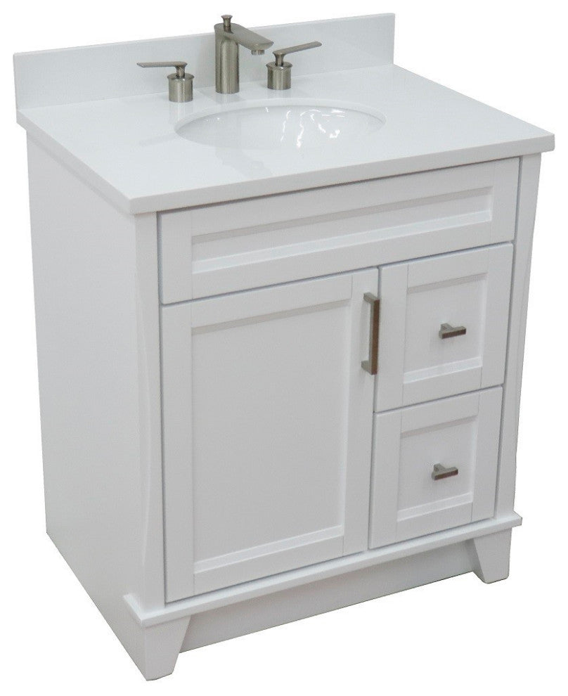 31" Single Sink Vanity, White Finish With Engineered Stone Top With Oval Sink