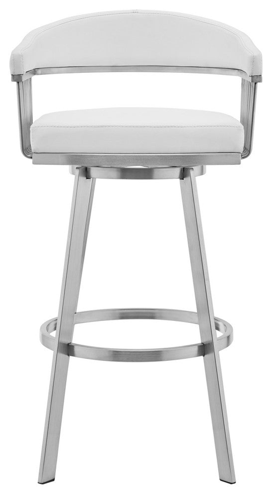 30" Mod White Faux Leather Brushed Silver Finish Swivel Bar Stool