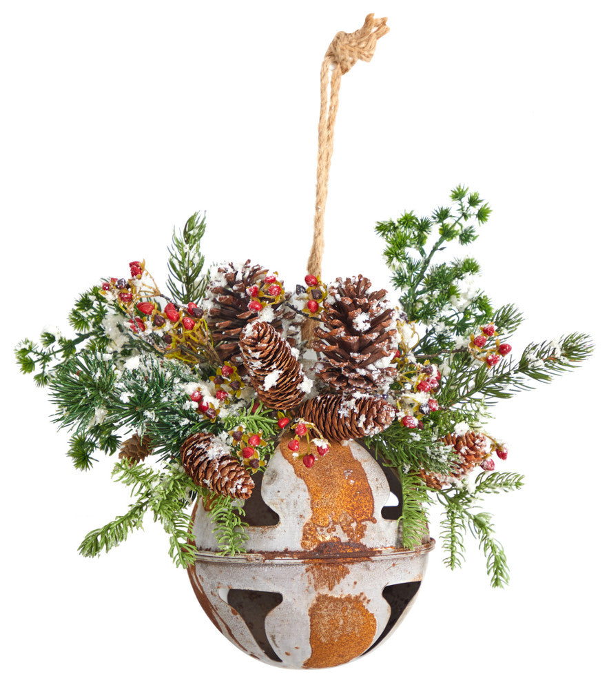 16" Holiday Christmas Jumbo Metal Bell Ornament With Holly Berries and Pine
