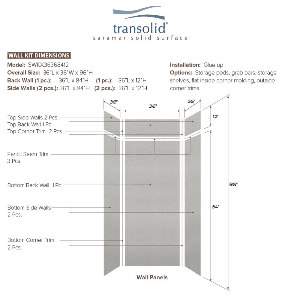 Transolid SaraMar 36"x36"x96" 6-Piece Shower Wall Kit, Grey Beach Velvet