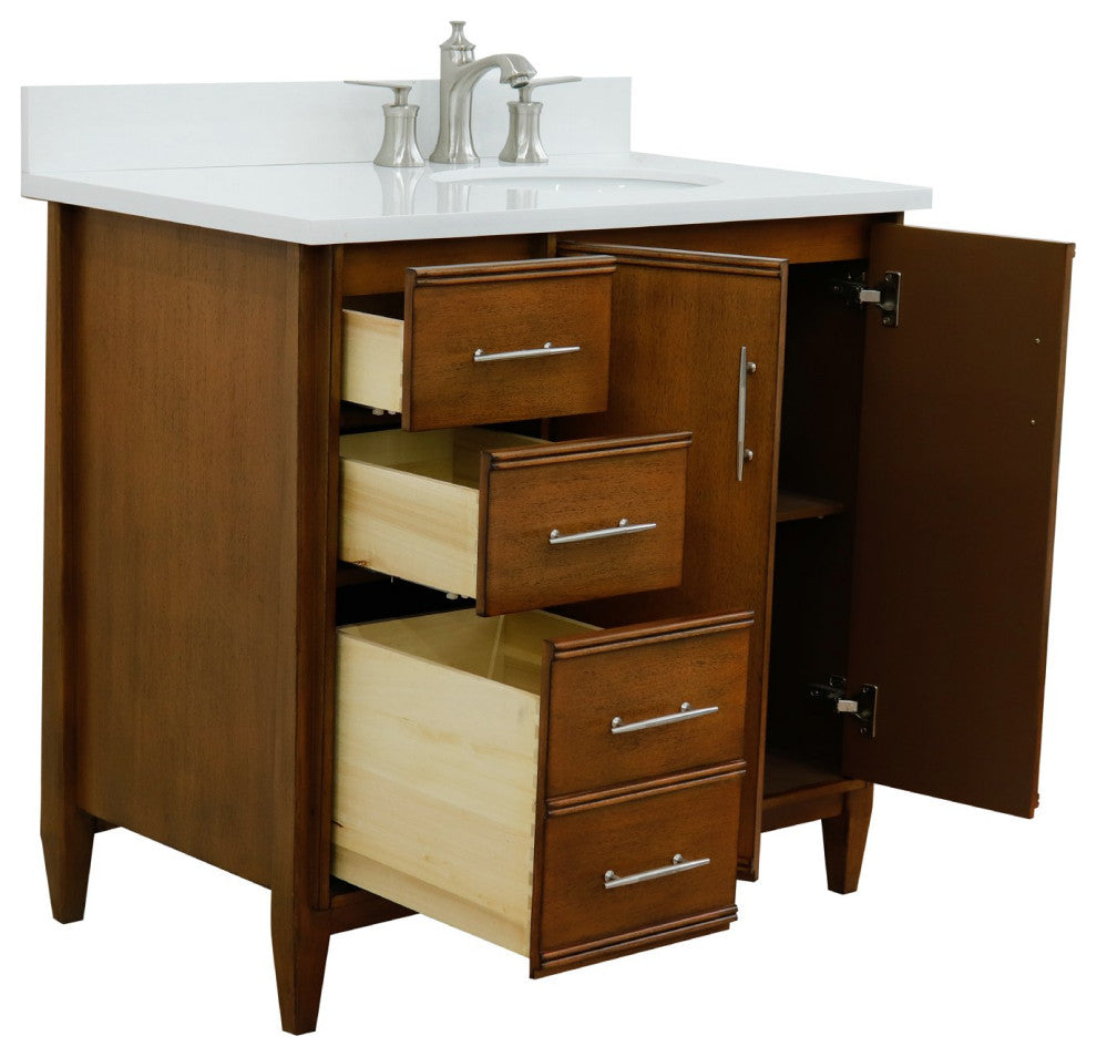 37" Single Vanity, Walnut Finish With White Engineered Stone Top