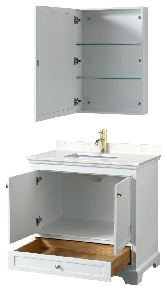 36"SGL Vanity White, Carrara Cult. Marble Top, Sink, Gold Trim, Med. Cabinet