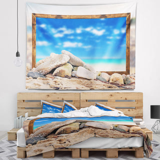 Framed Effect Blue Sky Over Sea Seashore Wall Tapestry, 60"x50"