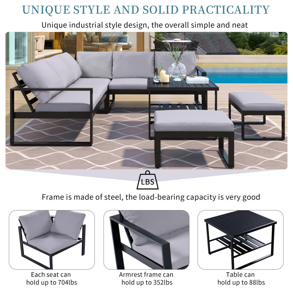 6-Piece Outdoor Steel Industrial Style Patio Sofa Combination Set With Table, Dark Gray
