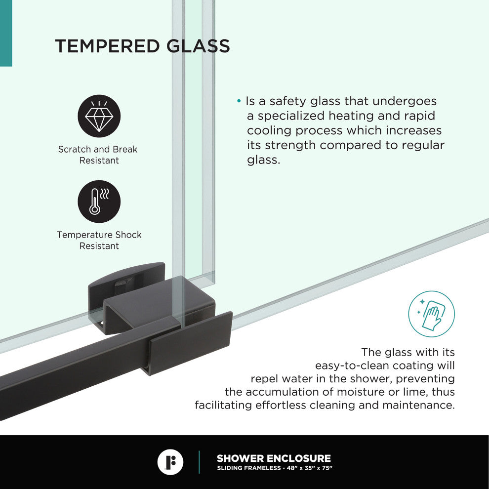 Frameless Shower Enclosure Sliding Shower Glass Door - Tempered Glass, Black, 48"