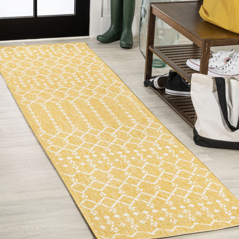 Ourika Moroccan Geometric Indoor/Outdoor Rug, Yellow/Cream, 2x10