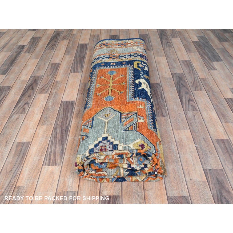 Navy Blue, Armenian Inspired Design 200 KPSI Wool Hand Knotted Rug, 9'1"x11'7"