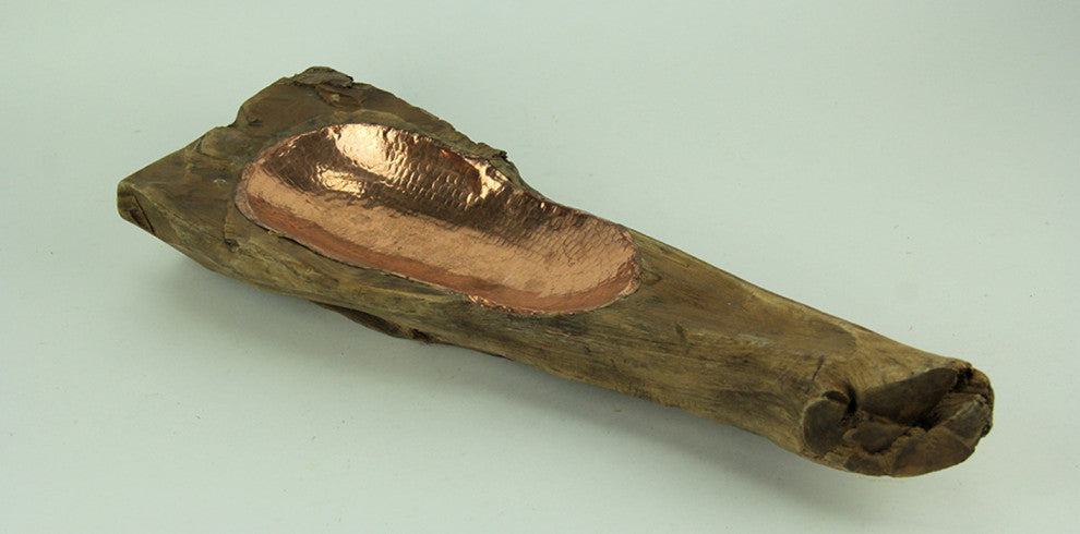 Hand Crafted Teak Wood and Hammered Copper Long Decorative Bowl
