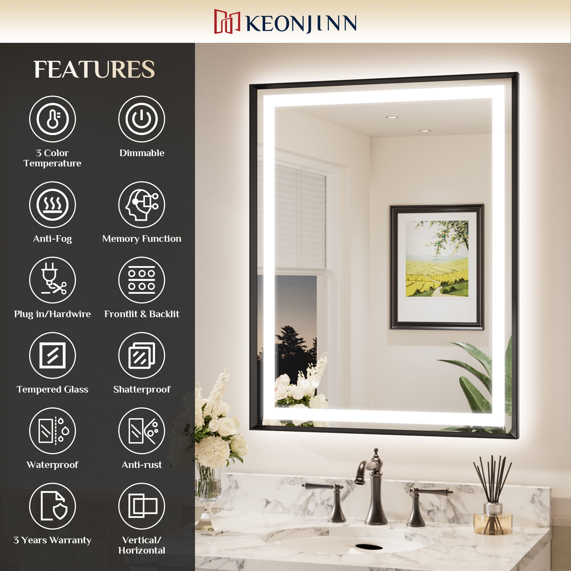LED Vanity Mirror With Lights Metal Framed Front & Backlit, Dimmable, Black, 55x36
