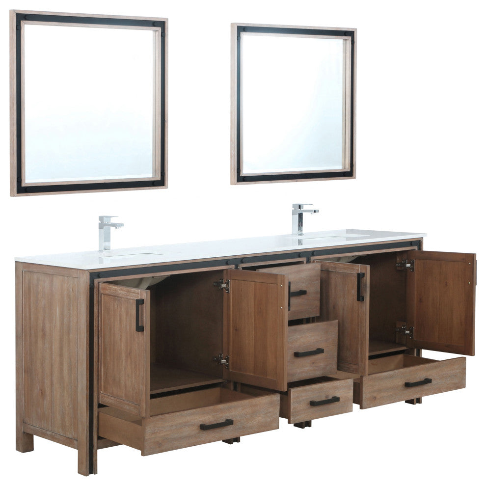 Ziva 84 Barnwood DB Vanity, Cultured Marble Top, Square Sink, 34 Mirrors, Faucet