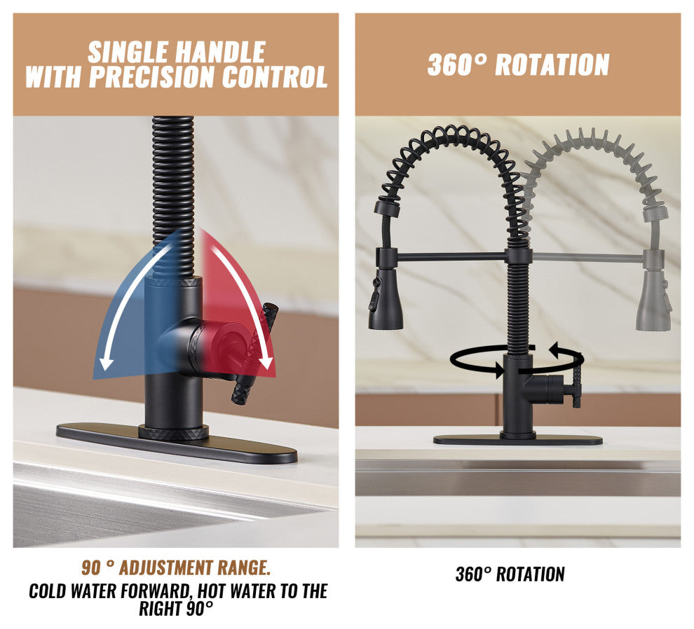 Single Handle Kitchen Sink Faucet Pull-Down Sprayer, 360 Swivel, 3 Functions, Matte Black