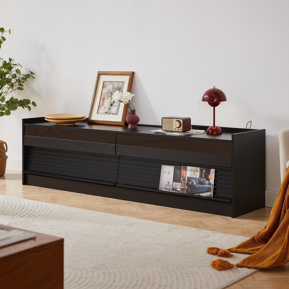 GDF Studio 4-Drawer Storage TV Stand, LED Lighting & Charging Ports, Black