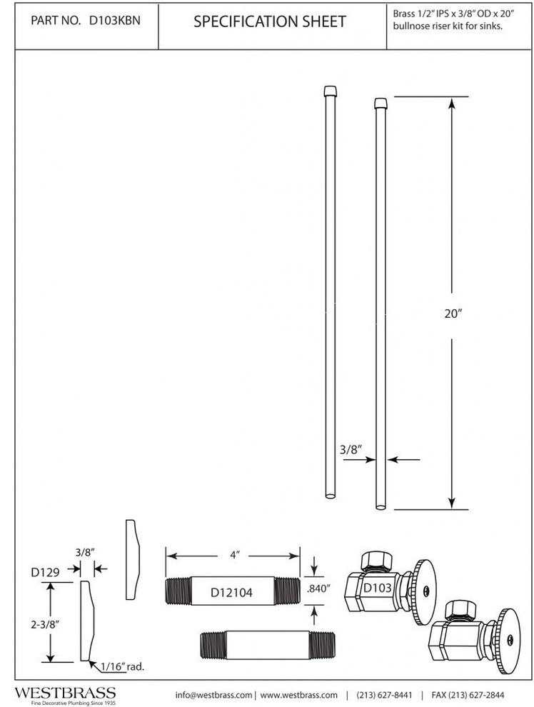 Faucet Kit - 1/2" Ips X 3/8" Od X 20" Bullnose In Oil Rubbed Bronze, Powder Coated White