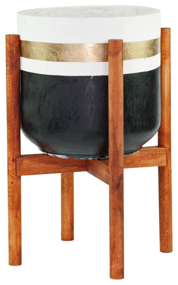Large Hand Painted Fiber Clay Planter 10'' With Wood Plant Stand Walnut Color