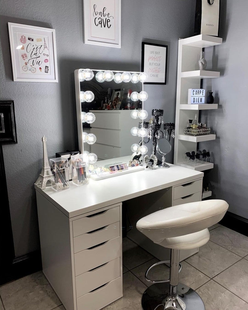 Hollywood Glow XL Vanity Mirror, Glossy White, Clear Led Globe Bulbs