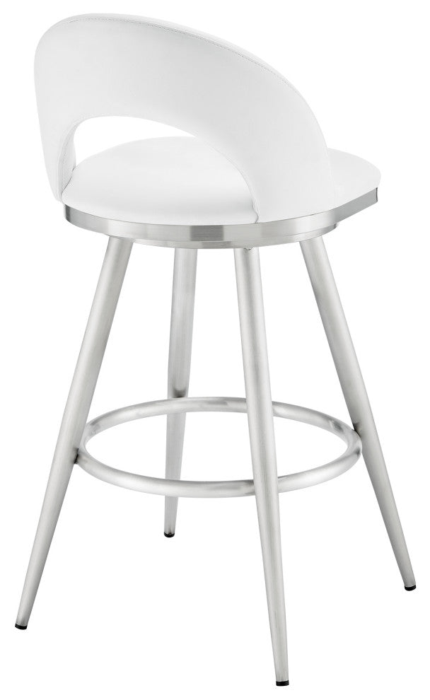 Lottech Swivel Bar Stool, Brushed Stainless Steel With Faux Leather, White