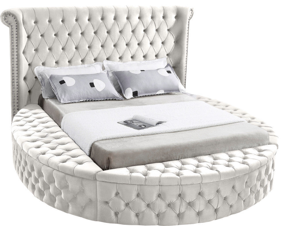 Luxus Button Tufted Velvet Round Bed, Cream, Queen