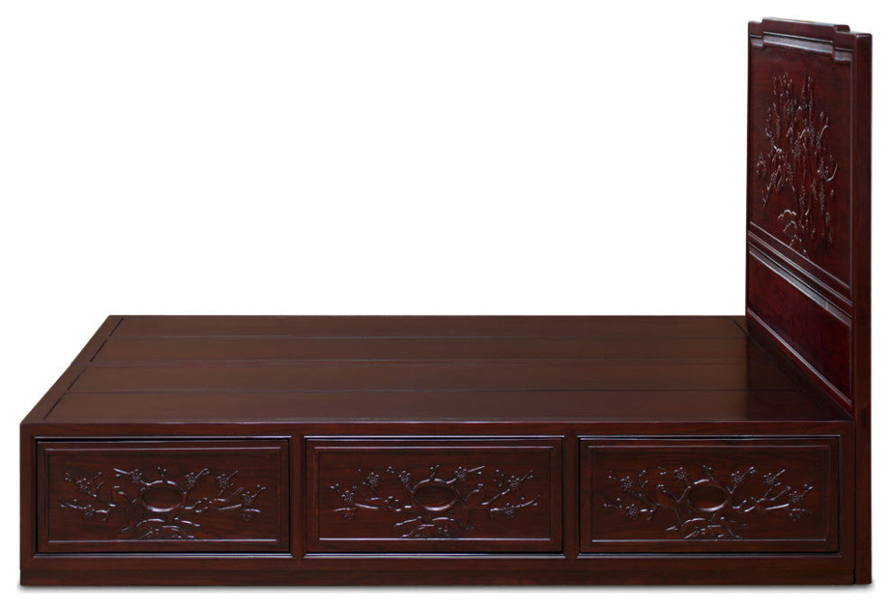 Dark Cherry Elmwood Flower and Bird King Size Oriental Platform Bed with Drawers