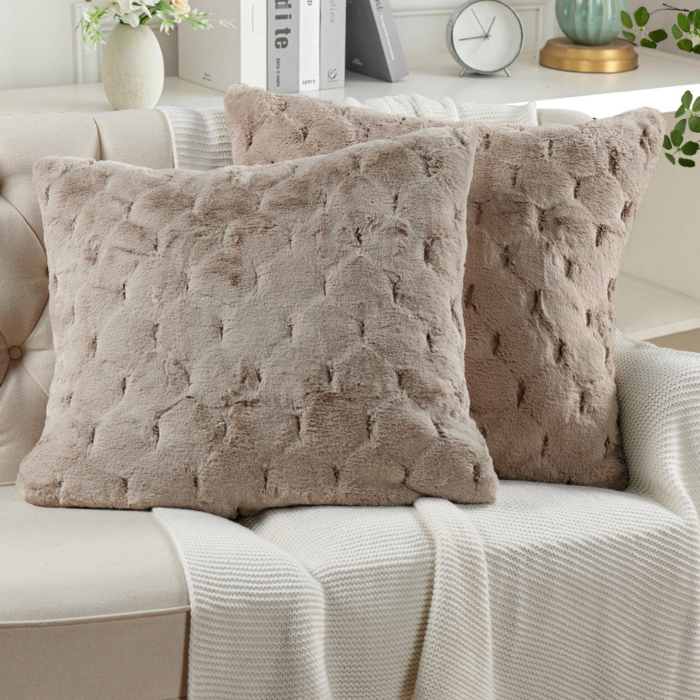 Jacquard Rabbit Faux Fur Pillow Cover 2 Piece Set, Taupe, 26" X 26"